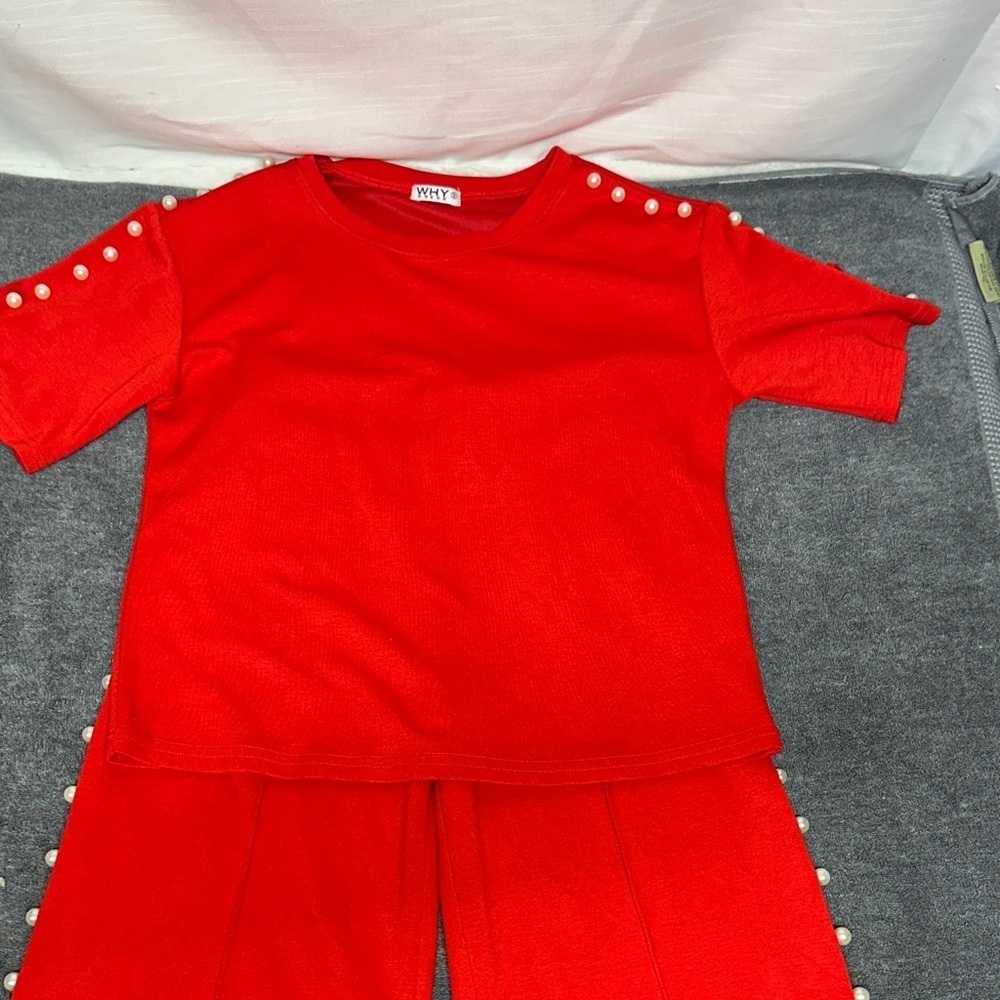 WHY Dress Red Top and Diva pants Set with Pearl like Embossing